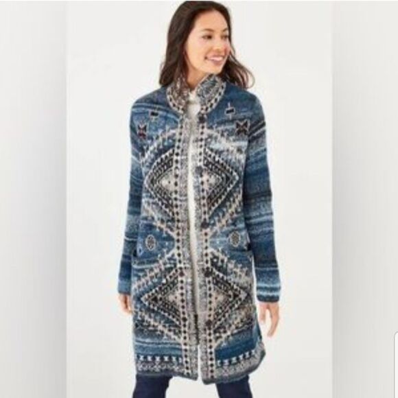 J.JIll Southwestern Wool Blend Long Cardigan Duster Jacket Petite Large - Picture 1 of 8